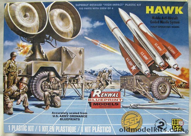 Renwal 1/32 Raytheon Hawk Mobile Anti-Aircraft Guided Missile System - 3 Missiles With Launcher / Radar Trailer / Crew of 4 - (Revell Issue), 85-7813 plastic model kit